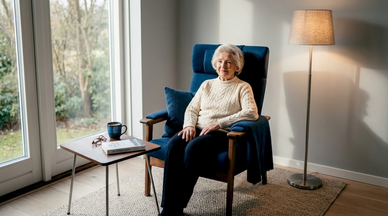 Een oudere dame geniet van een ontspannen moment in haar knusse woonkamer.