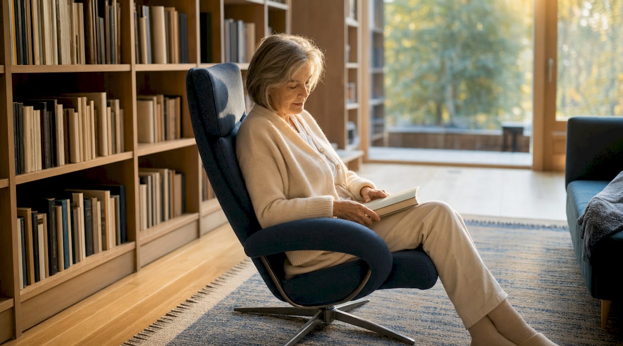 Een oudere dame zit comfortabel in een ergonomische stoel.
