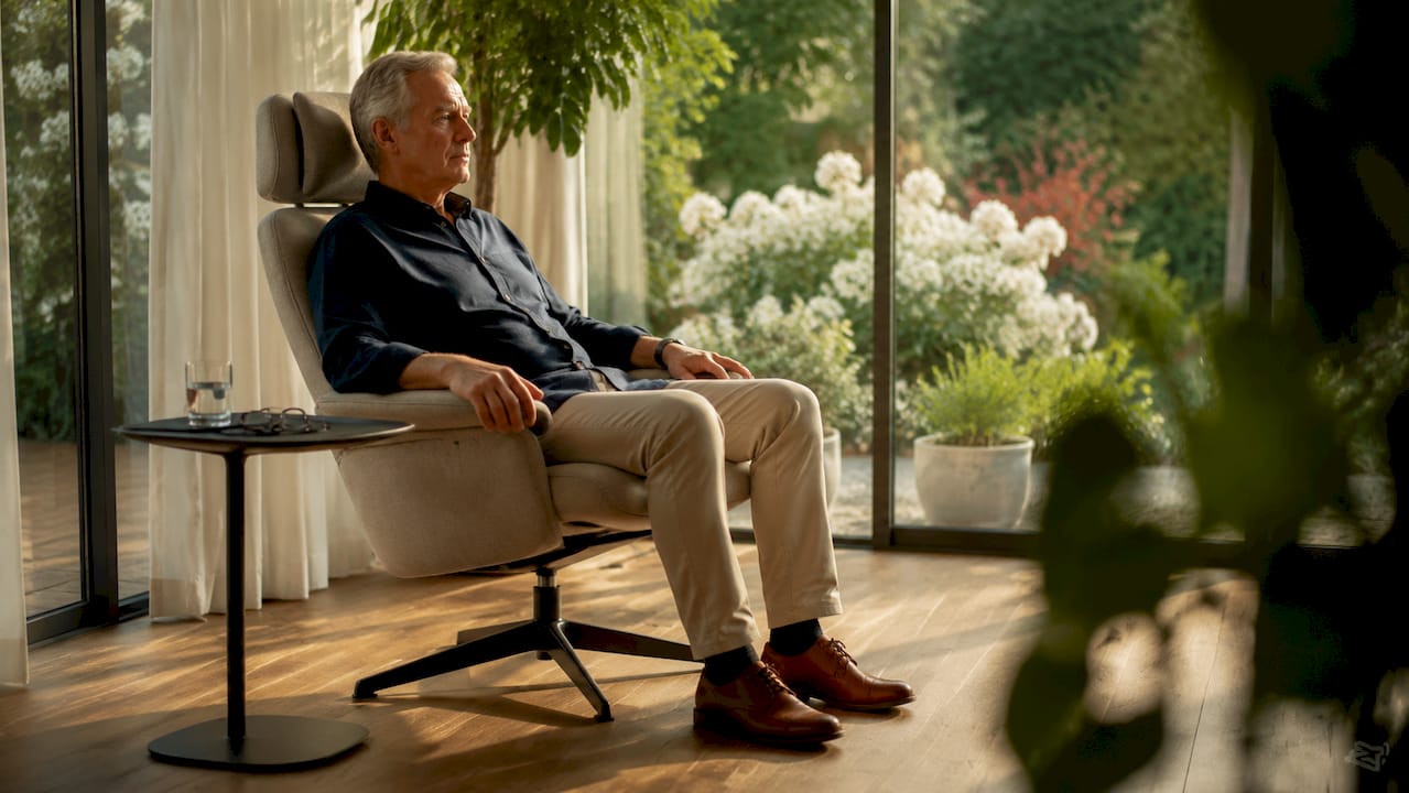 Een oudere heer zit comfortabel in een ergonomische stoel in de woonkamer.