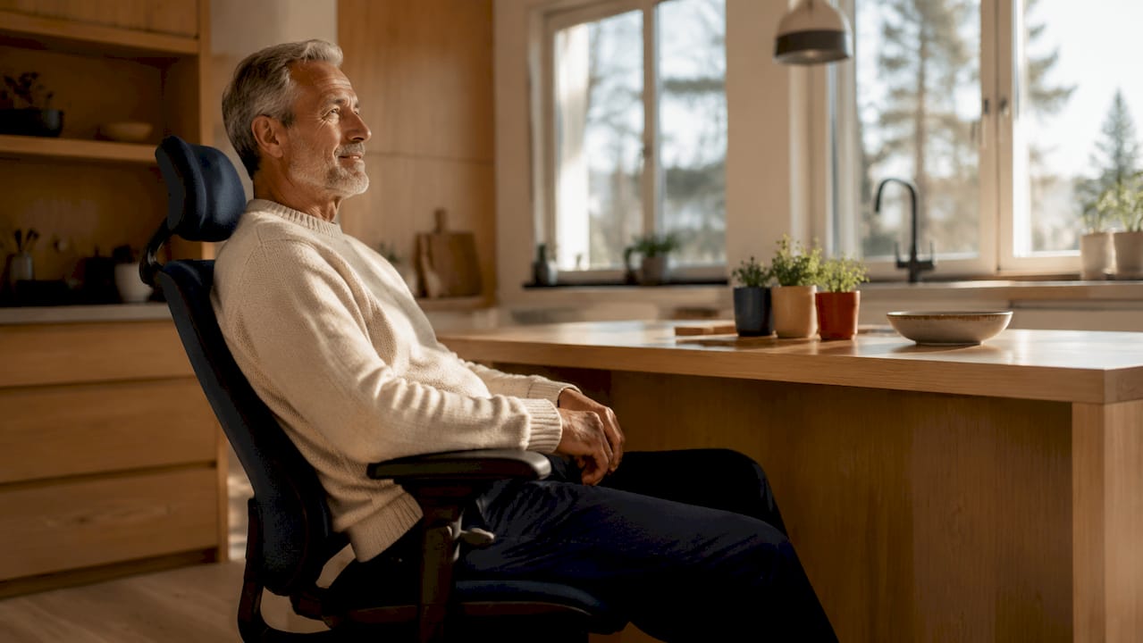 Een oudere heer zit comfortabel in een ergonomische stoel in zijn eigen huis.