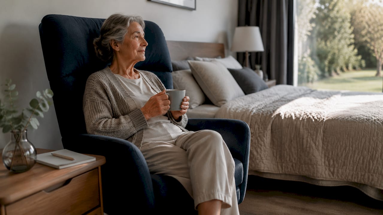 Oudere dame geniet thuis van haar comfortabele, ergonomische fauteuil.