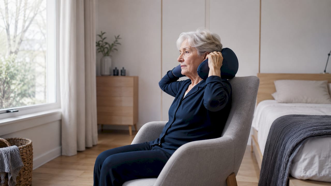 Een oudere dame zit comfortabel in haar stoel met een orthopedisch nekkussen ter ondersteuning.