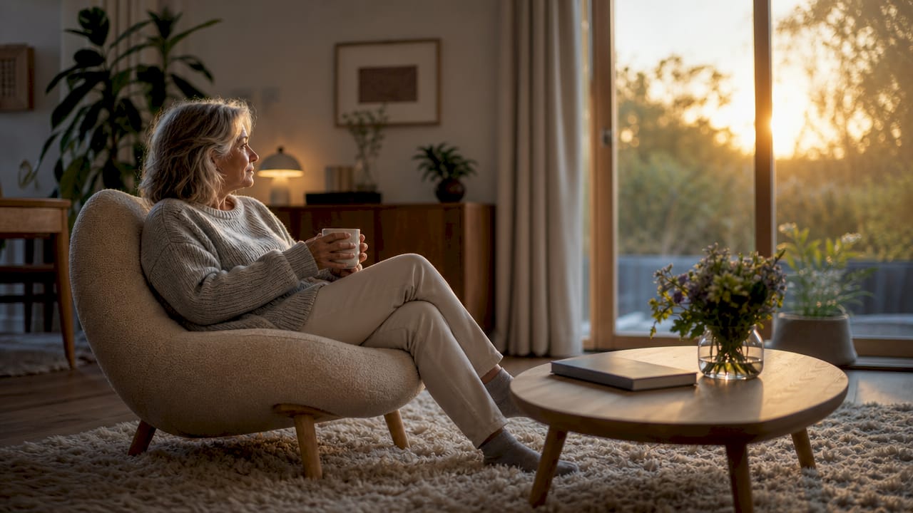 Een oudere dame zit ontspannen in haar favoriete stoel in de gezellige woonkamer.