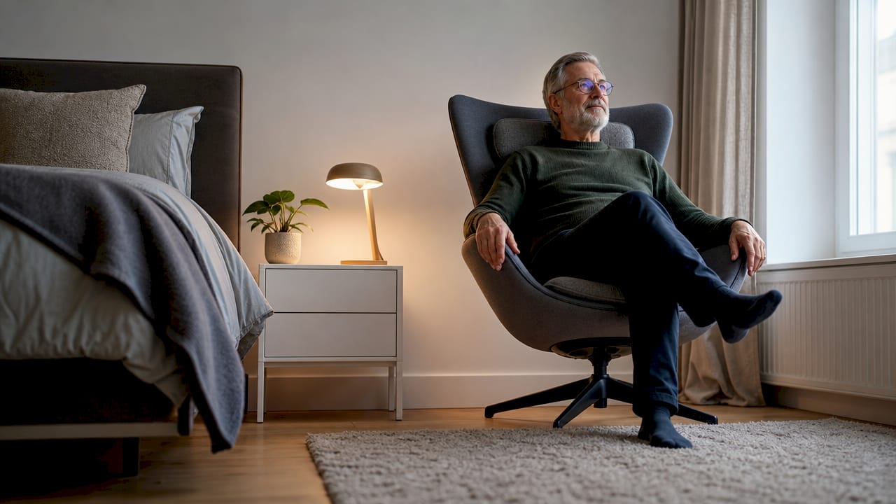 Een oudere heer zit rustig achterover in zijn comfortabele leunstoel met hoge rug.