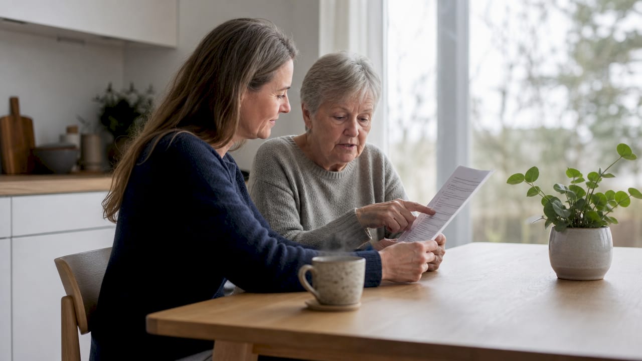 Een oudere vrouw bekijkt samen met haar dochter een checklist om alles rondom ouder worden goed te regelen.