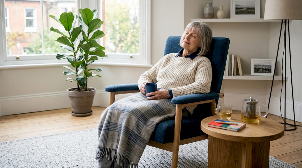 Een oudere dame zit comfortabel in een ergonomische stoel in haar woonkamer.