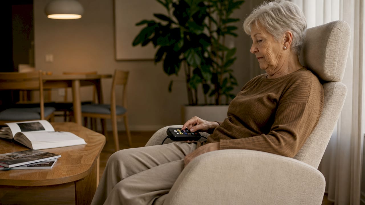 Een oudere dame maakt gebruik van haar elektrische relaxfauteuil.