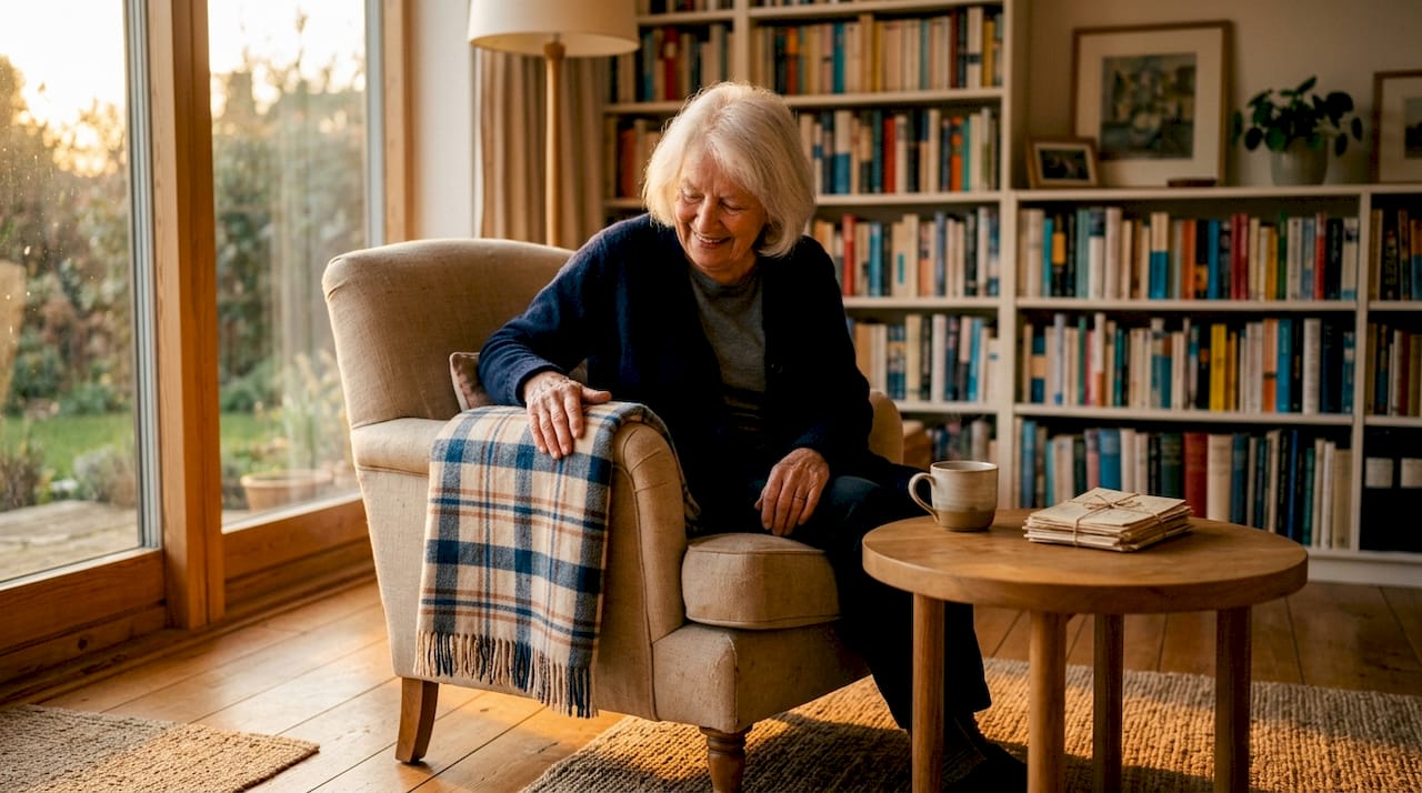 Een oudere dame geniet zichtbaar van haar comfortabele, zachte fauteuil.