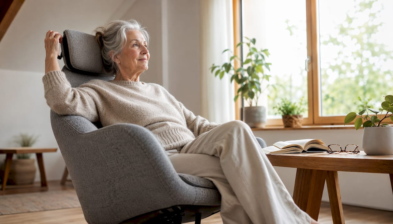 Een oudere vrouw zit ontspannen in een comfortabele, ergonomische fauteuil.