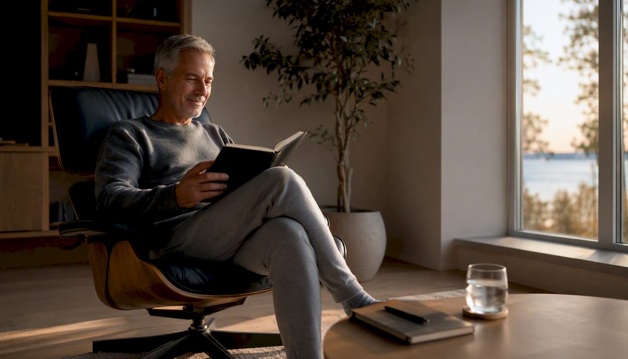 Een oudere man geniet van zijn rust in een comfortabele Duitse relaxstoel in de woonkamer.