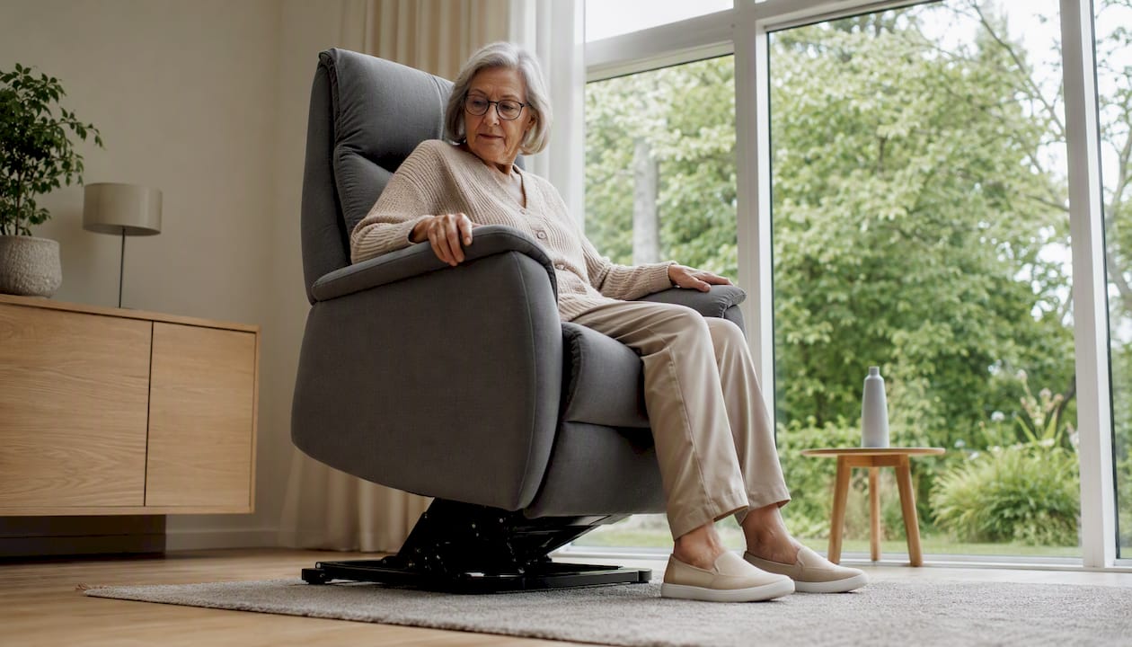 Een oudere dame probeert op haar gemak een relaxfauteuil uit in de woonkamer.