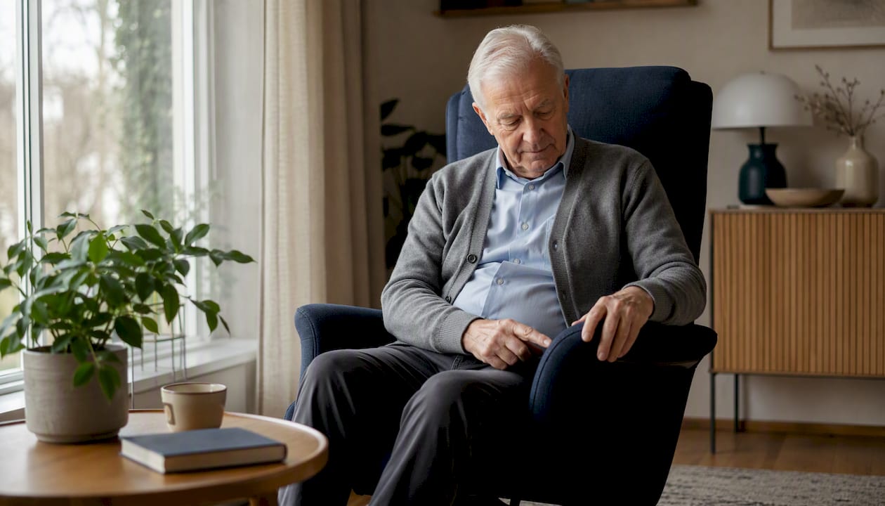 Een oudere man probeert thuis een relaxfauteuil uit.