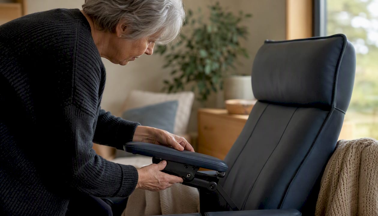 Een oudere dame stelt de armleuning van haar relaxstoel bij om comfortabeler te zitten.
