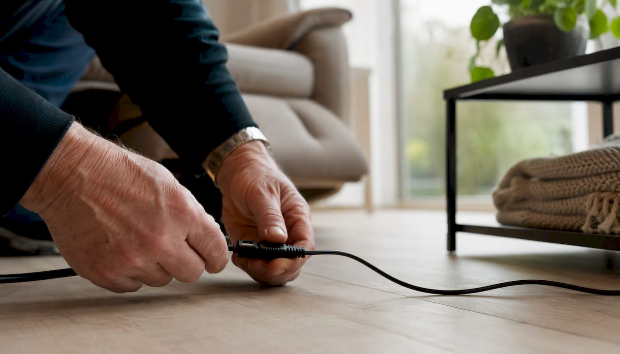 Handen controleren de oplaadkabel van de relaxstoel