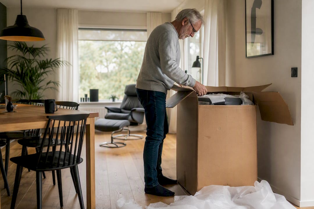 Iemand die thuis een relaxstoel uitpakt