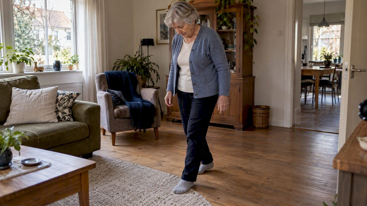 Oudere vrouw bekijkt de vloer op mogelijke valrisico's