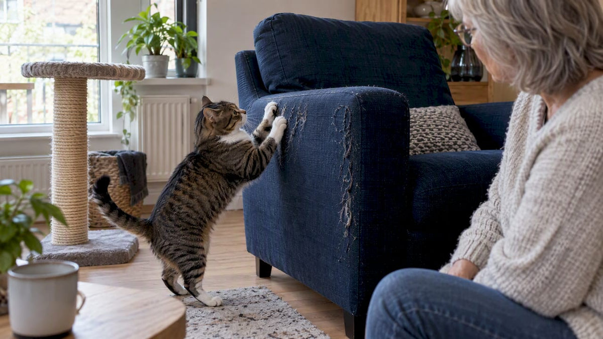Kat krabt aan de fauteuil vlak naast de krabpaal