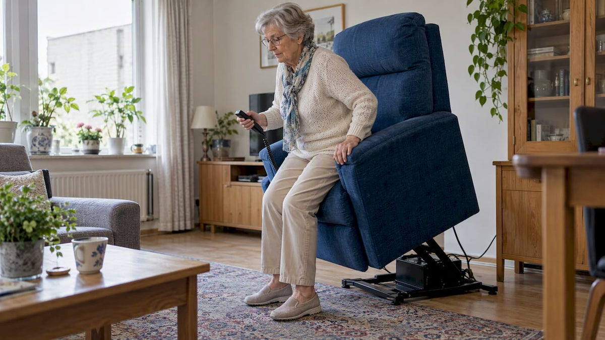 Vrouw gebruikt een sta-op-stoel met noodaccu