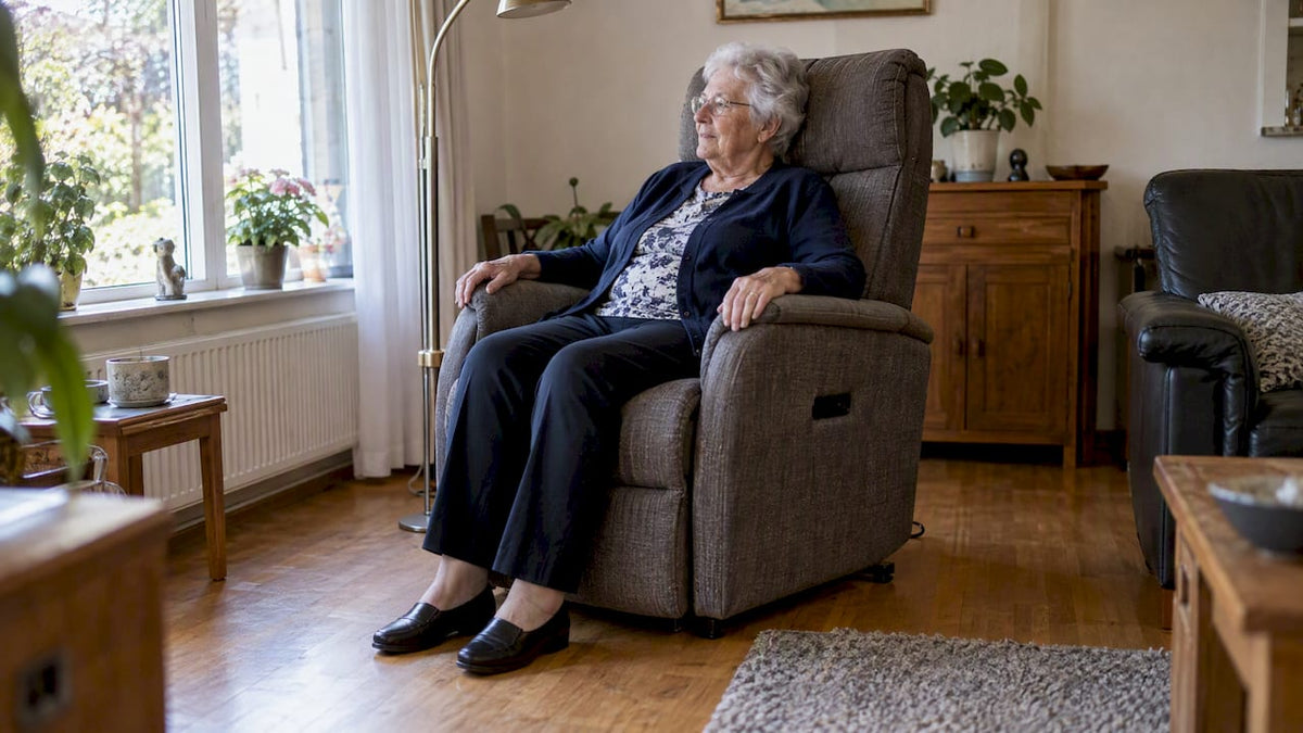 Een oudere vrouw zit ontspannen in een sta-op stoel