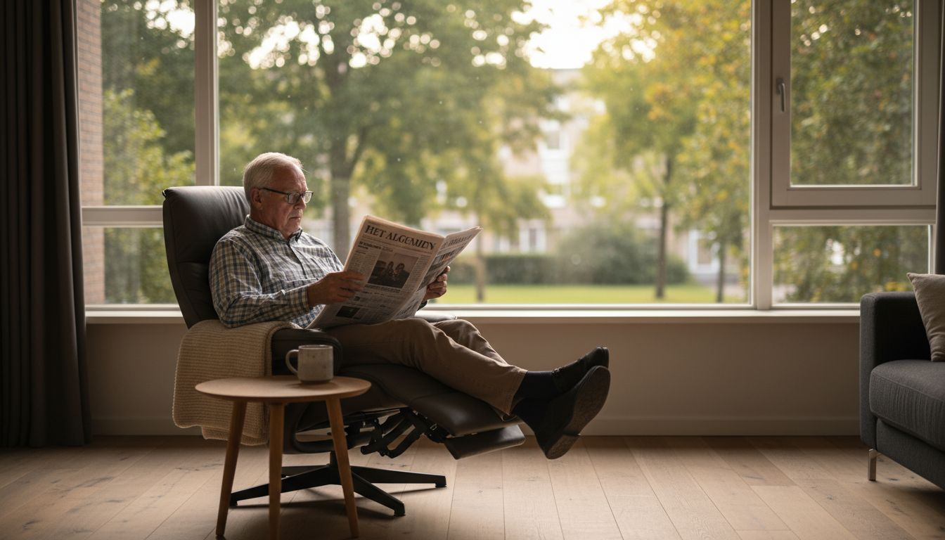 Een oudere man geniet van het comfort van een moderne relaxstoel.