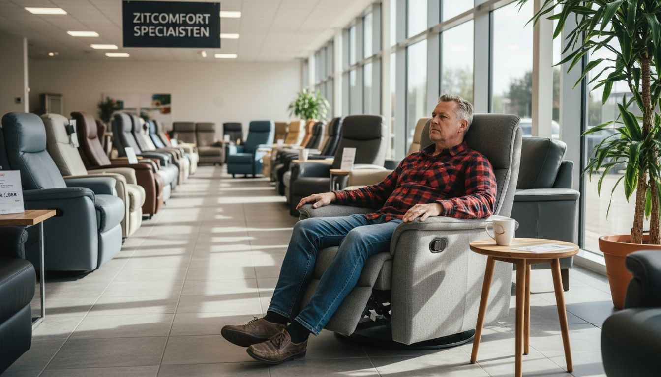 Man probeert comfortabele fauteuil uit in woonwinkel