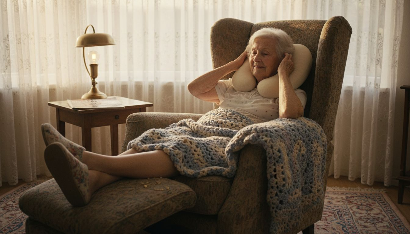 Een oudere dame zit heerlijk ontspannen in haar stoel, met een nekkussen voor extra comfort.