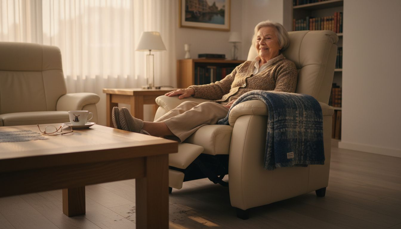 Een oudere dame geniet van een ontspannen moment in haar comfortabele relaxstoel.