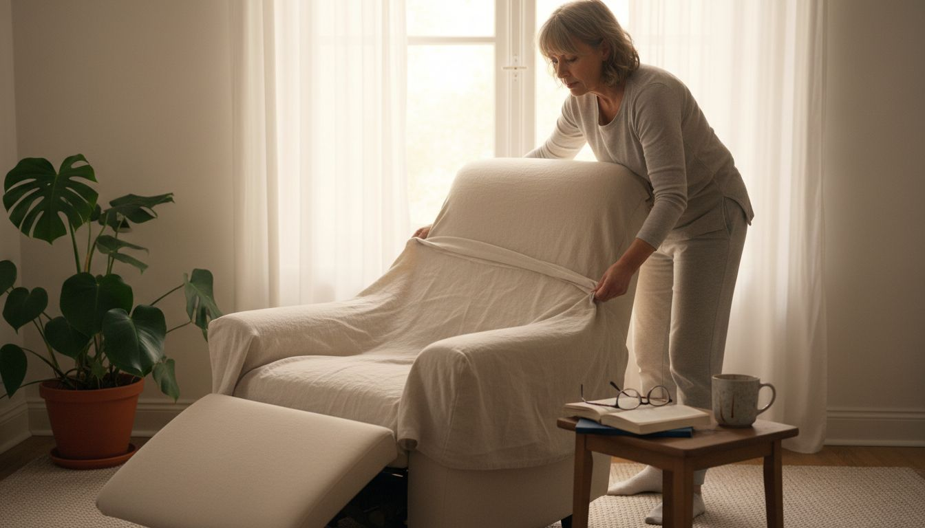 Een vrouw trekt een nieuwe hoes over haar relaxfauteuil in de woonkamer.