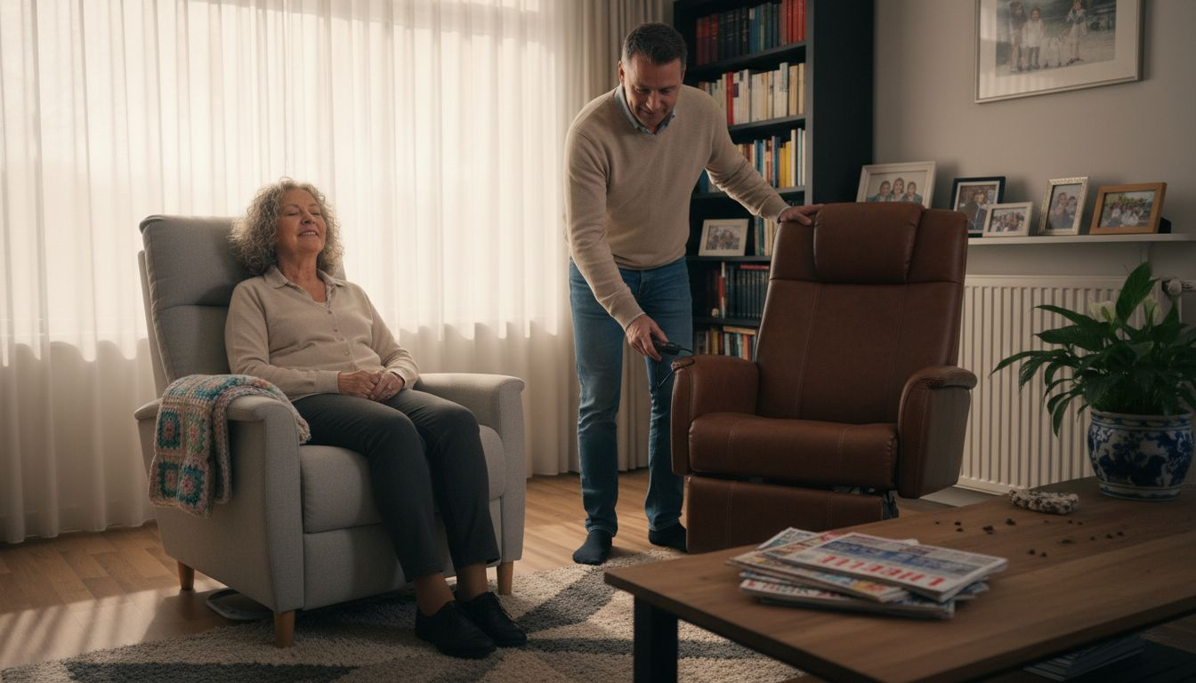 Een vrouw zit ontspannen in haar relaxstoel, terwijl een man naast haar staat bij zijn sta-opstoel.