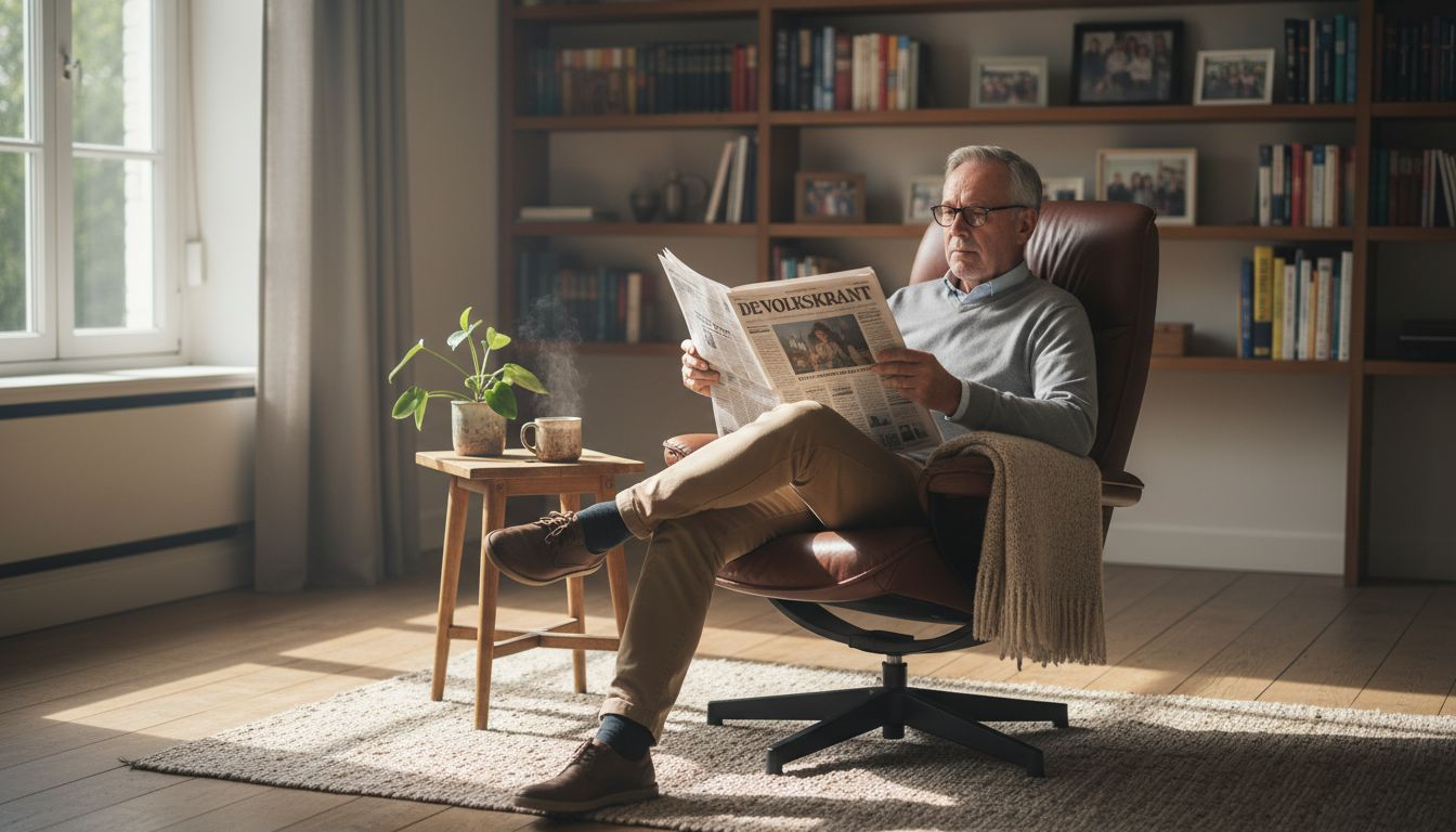 Een oudere heer zit ontspannen in zijn fauteuil en leest rustig de krant.