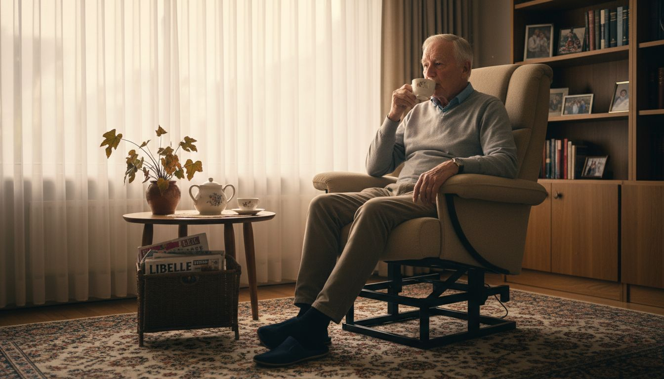 Oudere man geniet van zijn comfortabele stoel met handige sta-op functie.