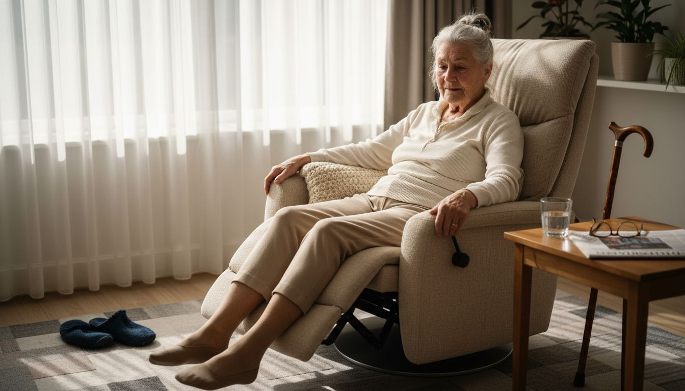 Een oudere dame schuift haar stoel wat bij zodat ze lekker zit.