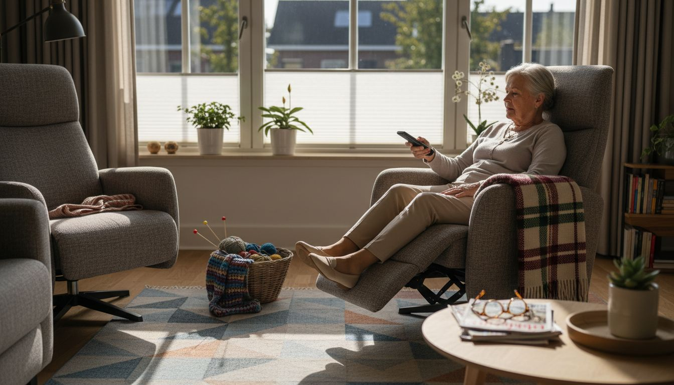 Een oudere man stelt zijn moderne relaxstoel bij in een zonnige kamer.