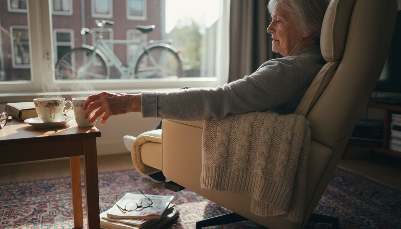 Een oudere dame geniet rustig van haar middag in een comfortabele stoel bij het raam, terwijl ze uitkijkt over de tuin.
