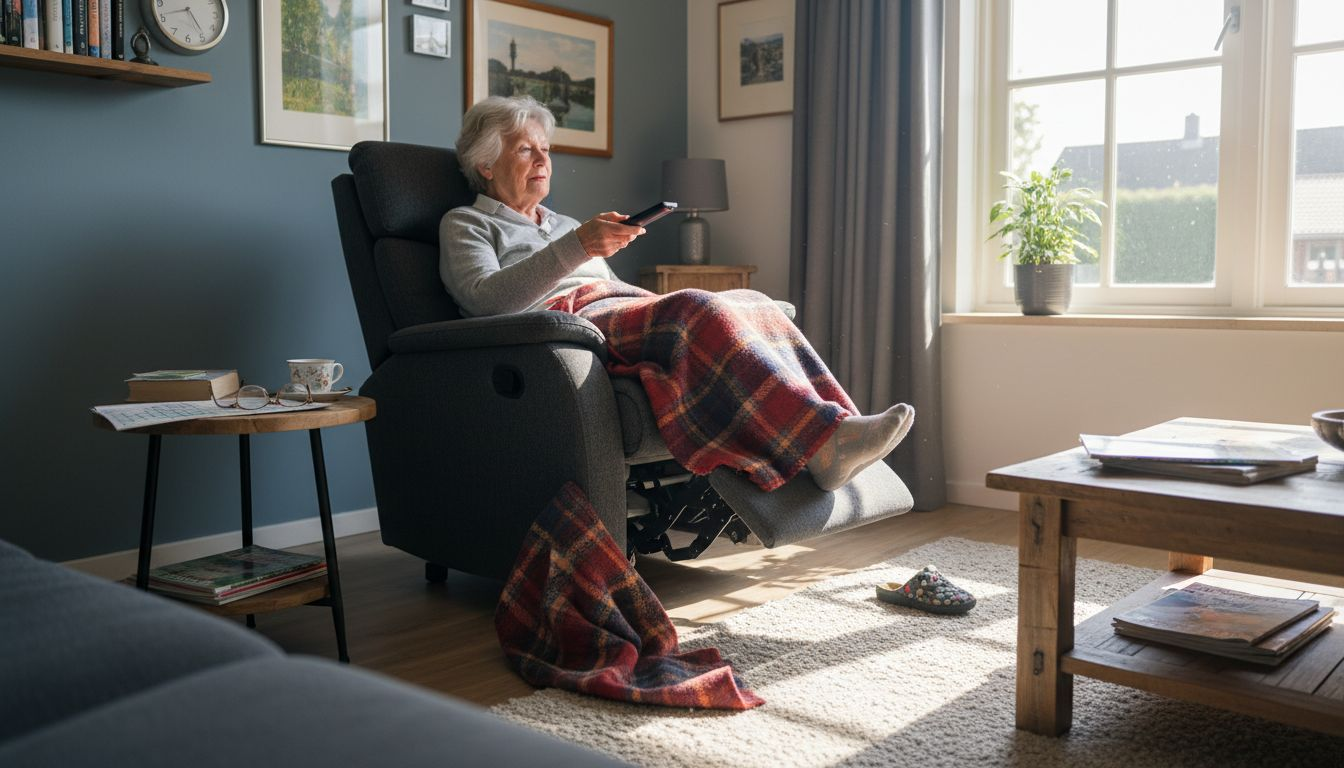 In de zonnige woonkamer maakt een oudere heer dankbaar gebruik van zijn multifunctionele fauteuil.