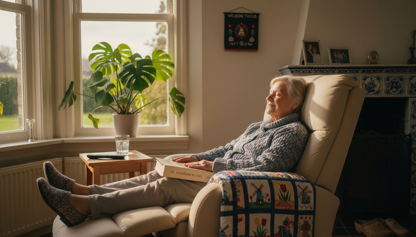 Een oudere dame geniet van haar rust in een comfortabele relaxstoel, terwijl de zon de woonkamer binnenvalt.