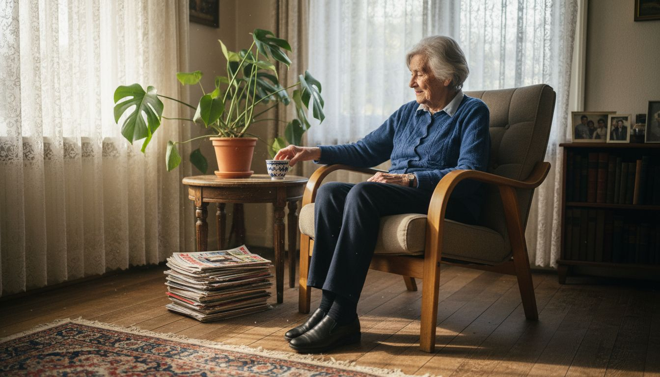 Een oudere dame zit ontspannen in een klassieke fauteuil in haar vertrouwde huiskamer.