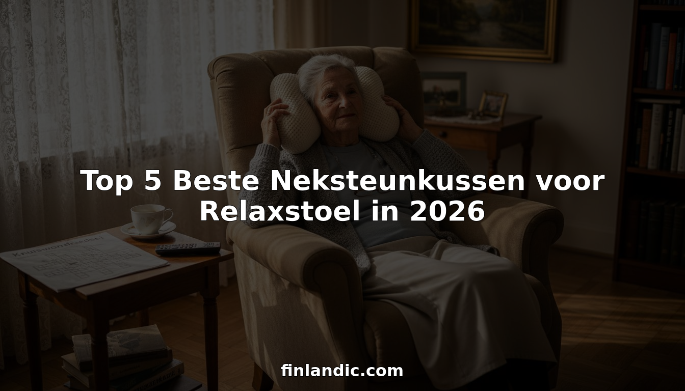 Een oudere dame zit heerlijk ontspannen in haar stoel, met een nekkussen in haar nek.