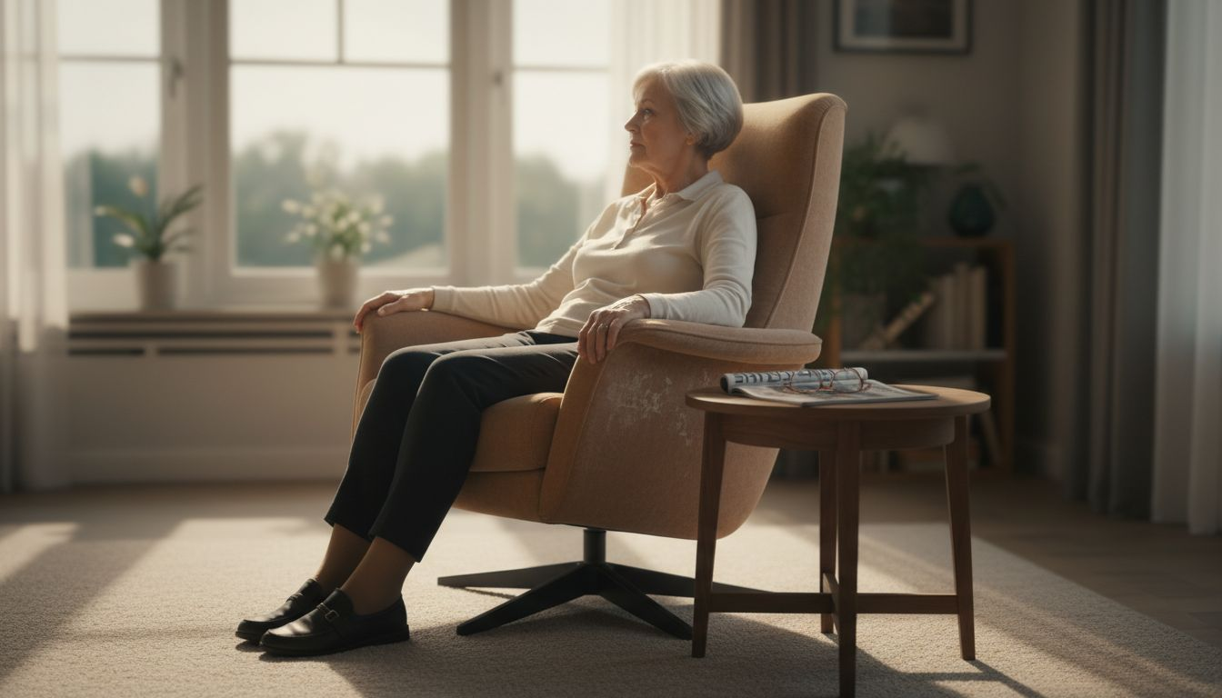 Een oudere dame zit comfortabel in een draaistoel in de woonkamer.