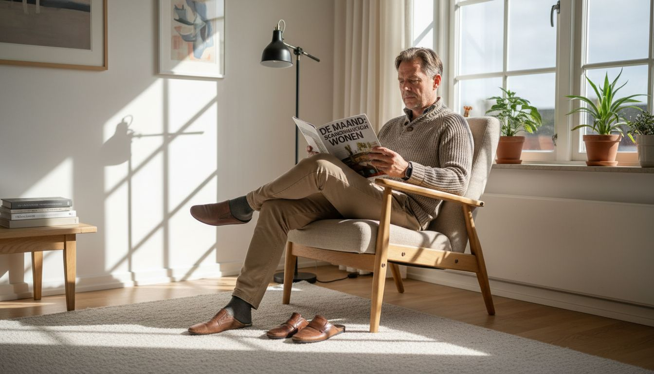 Man leest ontspannen een boek in een comfortabele Scandinavische fauteuil