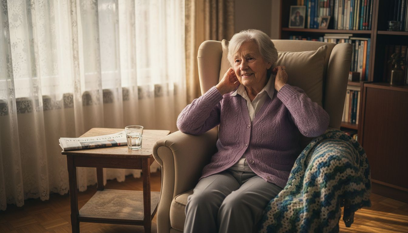 Een oudere dame geniet van haar relaxkussen in de woonkamer.