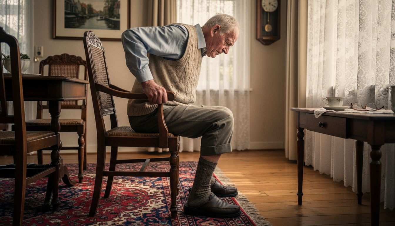 Een oudere man heeft moeite om uit een lage stoel overeind te komen.