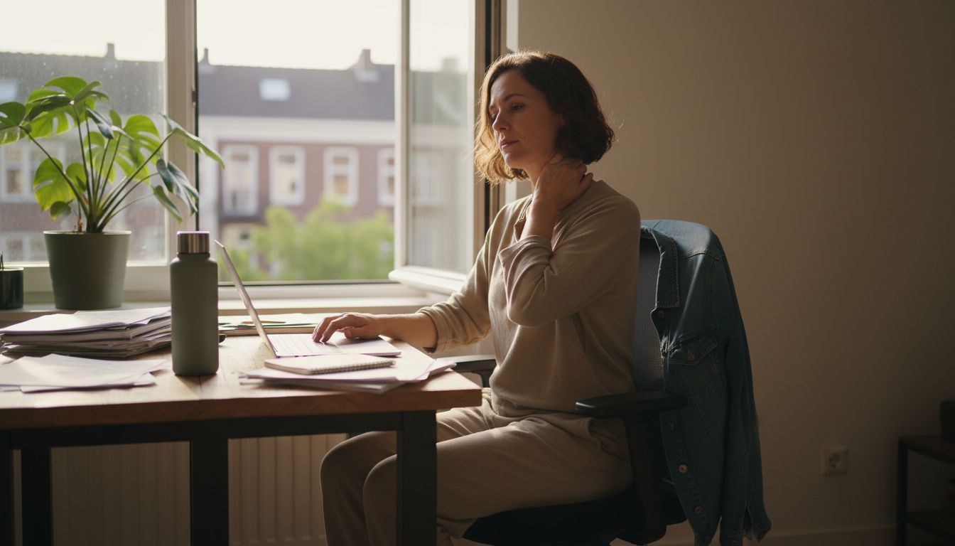 Een vrouw zit comfortabel te werken vanuit huis op een ergonomische bureaustoel.