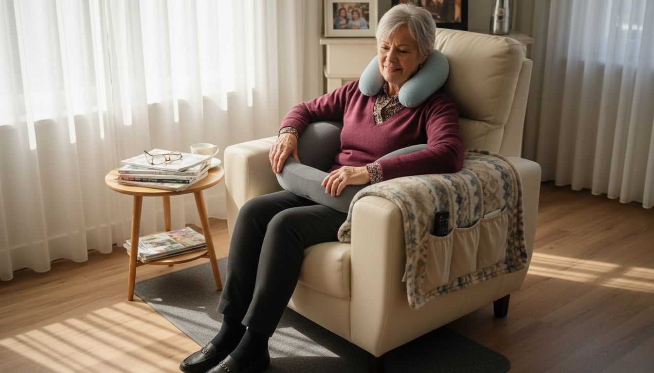 Thuis zorgt een vrouw voor extra comfort door handige accessoires aan haar stoel toe te voegen.