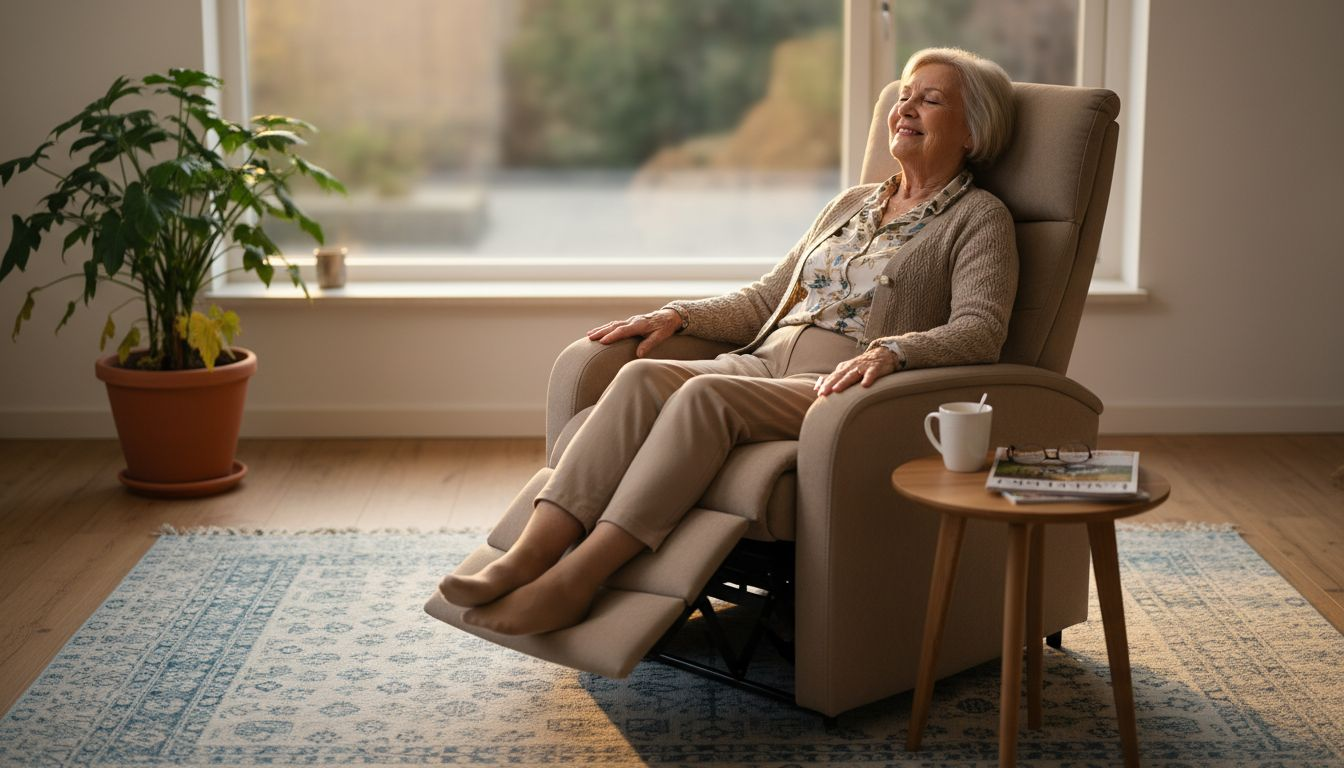 Een oudere dame zit comfortabel in haar zorgstoel, omringd door het zachte licht van haar woonkamer.
