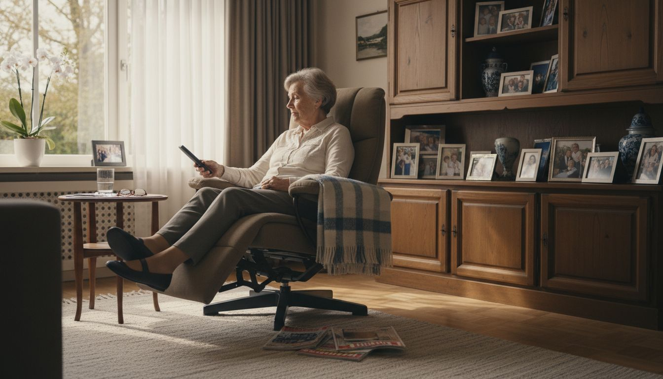 Een oudere dame maakt gebruik van een elektrische stoel om makkelijker op te staan.