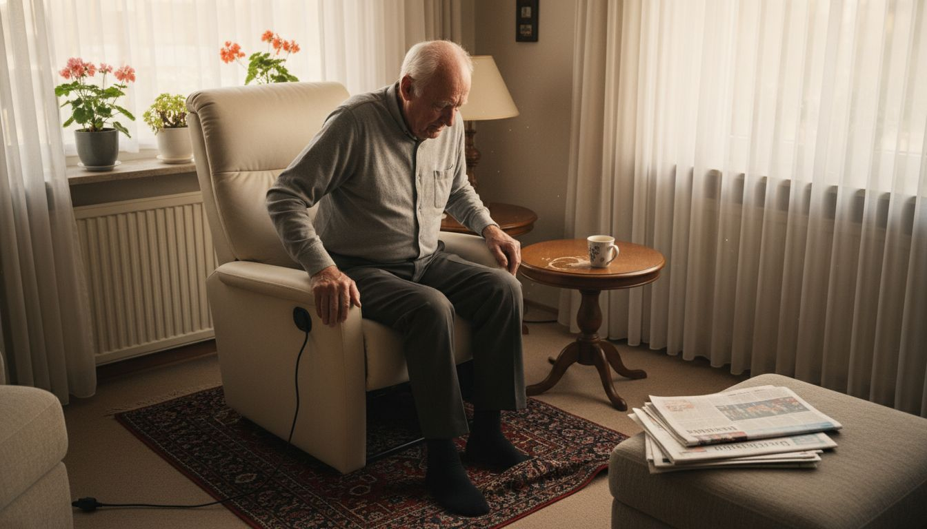 Een oudere man zit comfortabel en veilig in een relaxstoel.