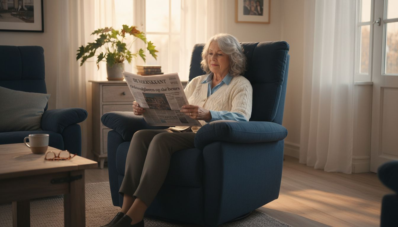 Een vrouw zit ontspannen in een comfortabele stoel en leest de krant.