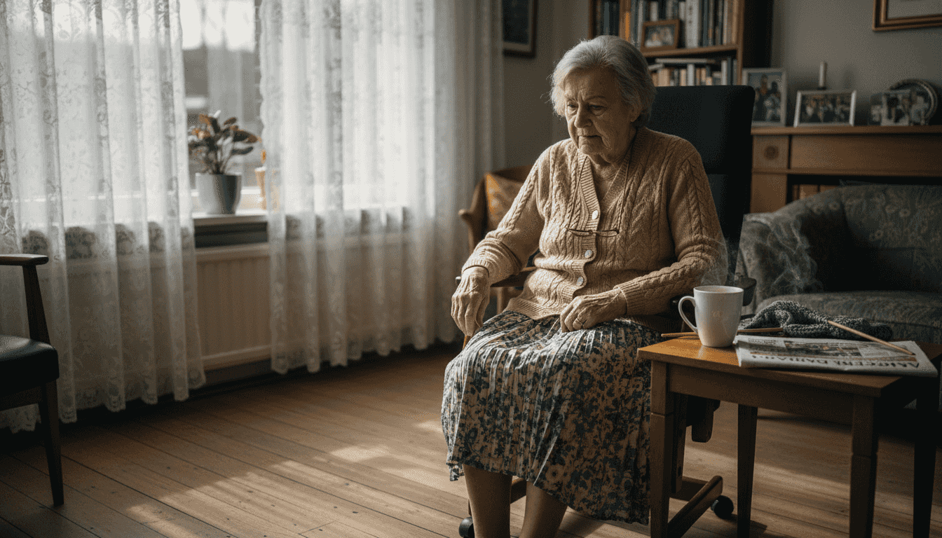 Een oudere geniet in een lekkere fauteuil in een zonnige woonkamer.