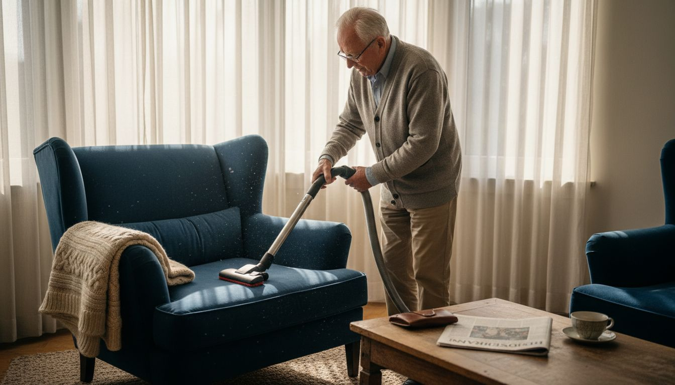 Een oudere dame maakt haar fauteuil schoon in een sfeervolle woonkamer.